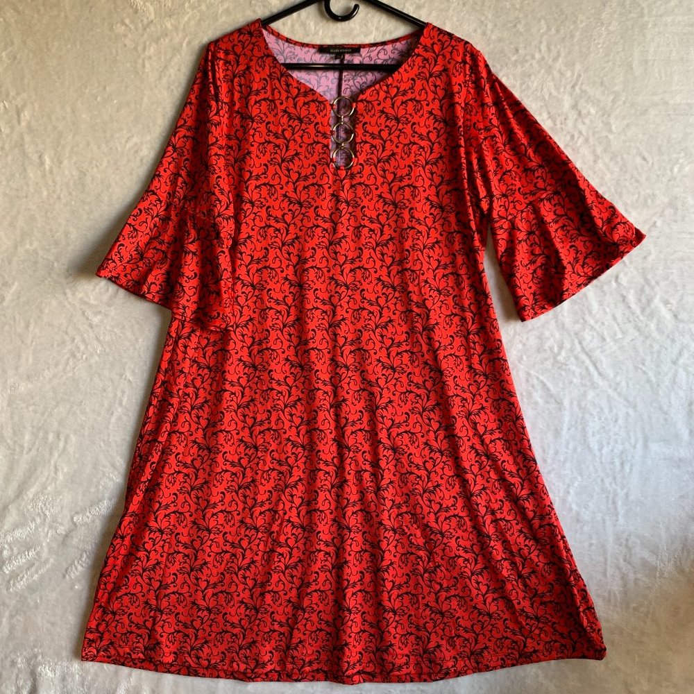 Ellen Weaver Dress 3/4 Sleeve Floral Trumpet Sleeves 2X Retro Boho Pullover Red